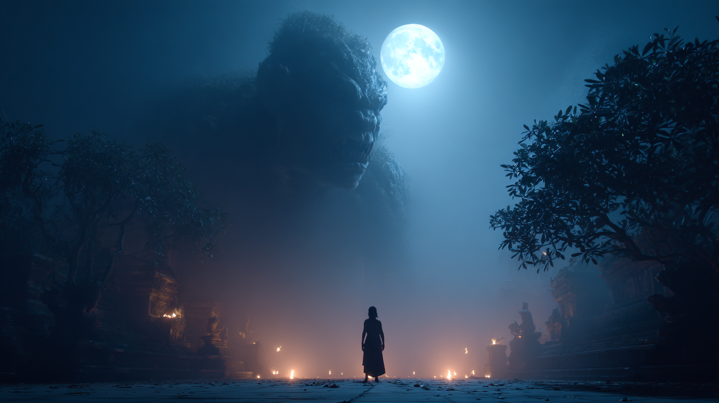 Mystical Javanese Night Temple During Malam 1 Suro with Full Moon